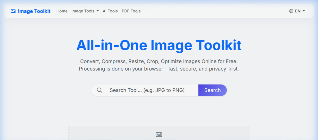 Tampilan antarmuka Image Toolkit - All-in-One image converter dan optimizer dengan 30+ format dukungan