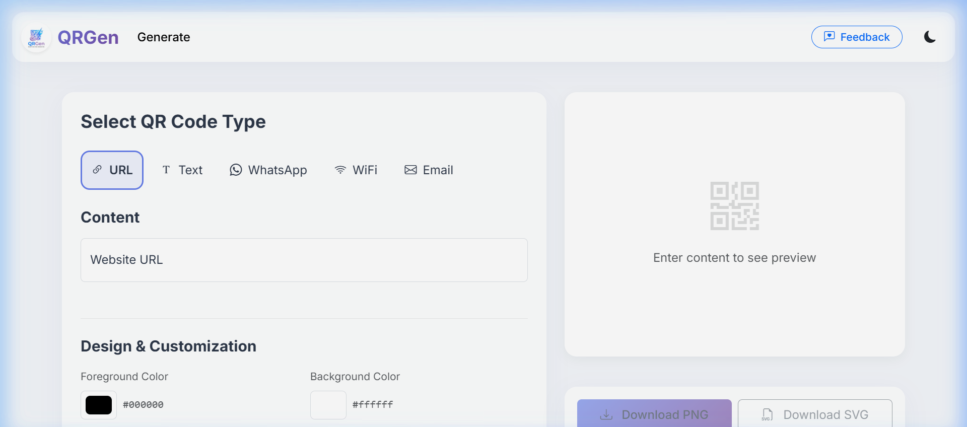 Tampilan antarmuka QRGen - QR Code Generator gratis dengan kustomisasi warna dan download PNG SVG