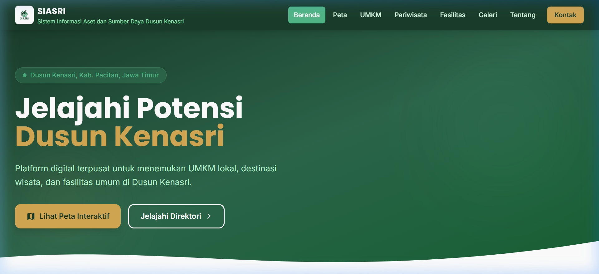 Tampilan antarmuka SIASRI - platform digital pemetaan potensi Dusun Kenasri dengan peta interaktif Leaflet.js
